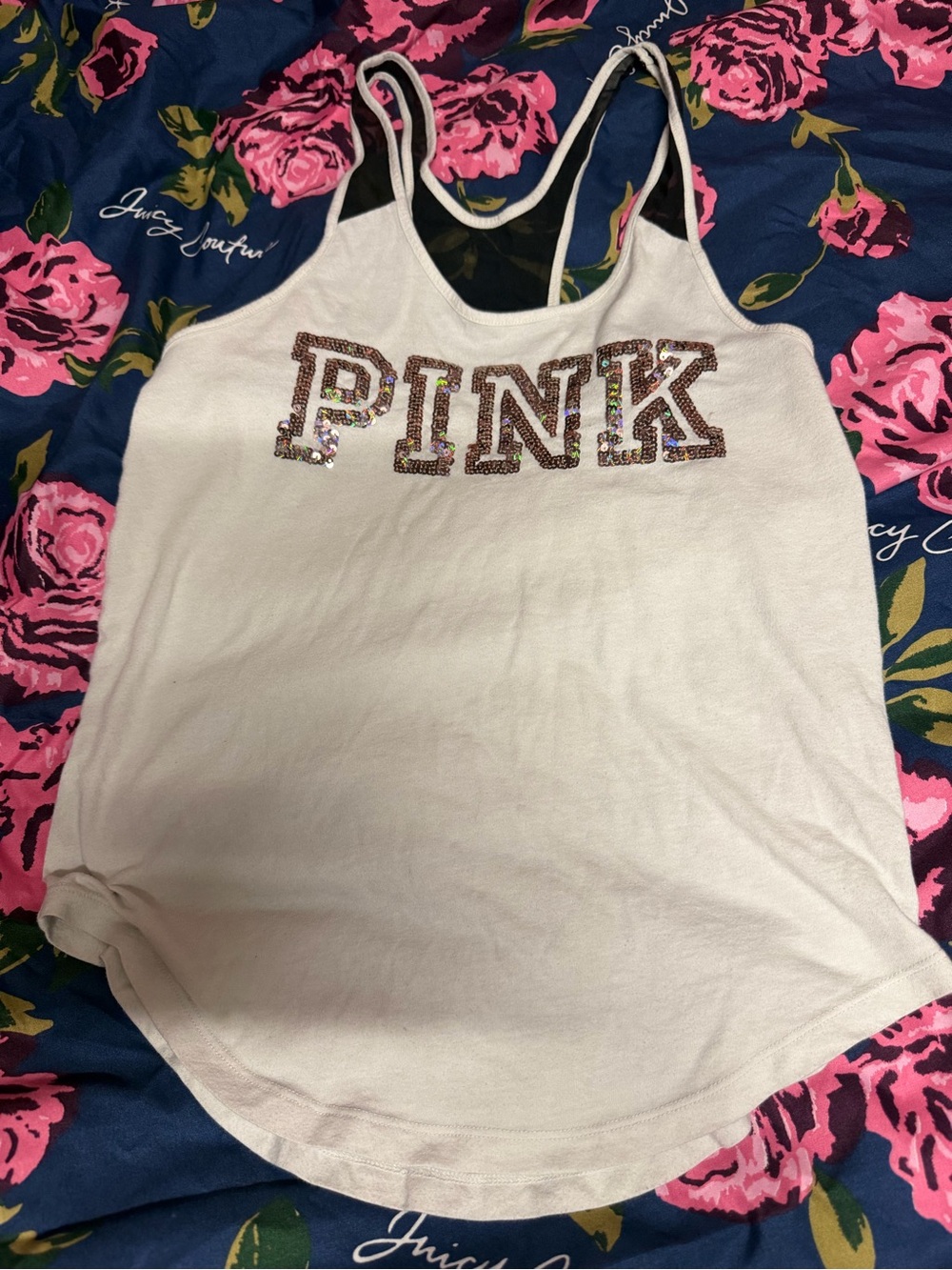 PINK Victoria's Secret White Racerback Tank with Black Mesh Insert